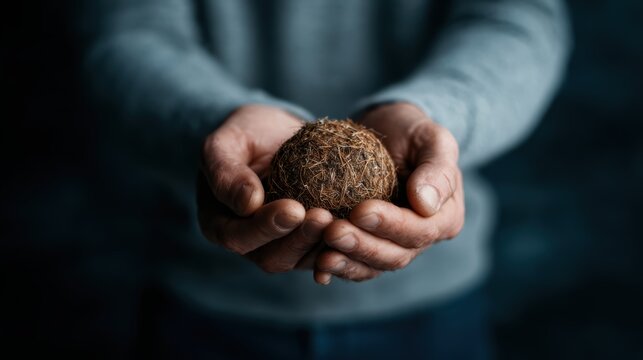 A pair of caring hands gently cradles a textured earthy ball, symbolizing our connection to nature and the importance of nurturing the environment for our future.