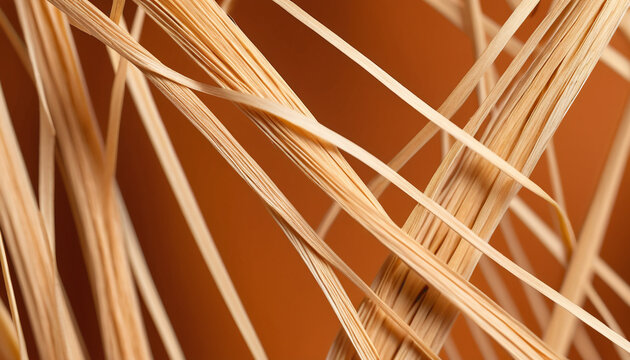 Macro shot of tangled dry beige straw or raffia fibers against terracotta background