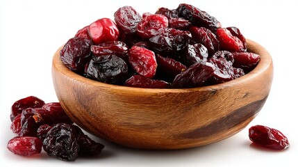 A wooden bowl filled with dried cranberries on a white background