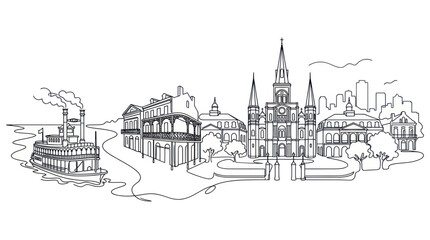 Obraz premium New Orleans Skyline with Steamboat and St. Louis Cathedral, Black and White Outline Drawing
