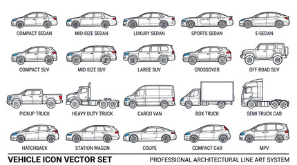 Vehicle Icons Set: Cars, SUVs, Trucks, Vans, Sedans, Hatchbacks, MPVs © rahma