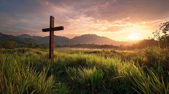 A serene landscape of a wooden cross standing in a lush green field at sunset with mountains in the background