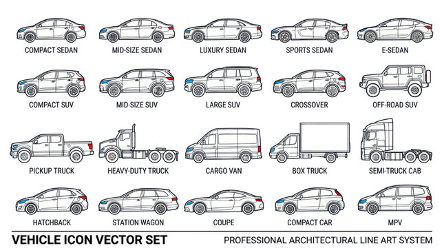 Vehicle Icons Set: Cars, SUVs, Trucks, Vans, Sedans, Hatchbacks, MPVs