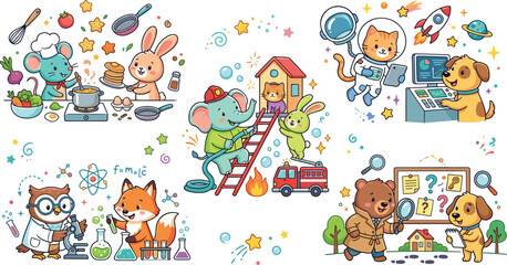 Obraz premium Cute Animal Careers Vector Set Featuring Kawaii Cooking Partners Firefighter Elephant Space Astronauts and Scientist Laboratory Teams for Childrens Education Branding