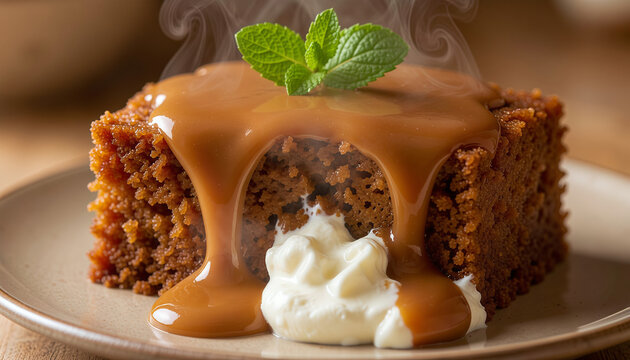 Warm sticky toffee pudding with rich caramel sauce and cream