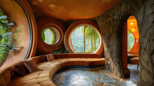 Cozy hobbit-inspired underground home interior with curved seating and round windows in warm natural light
