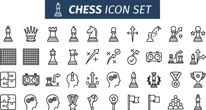 Chess icons set with game symbols and illustrations
