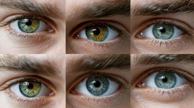 Detailed close-ups show different eye colors and eyelid movements of a person in natural light