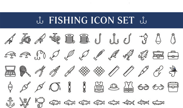 Fishing icon set with various tools and accessories