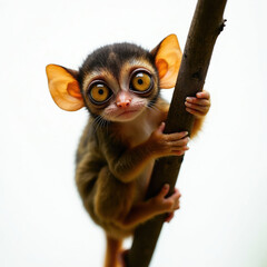 Obraz premium Small tarsier monkey clings to tree branch. This tiny primate has huge yellow eyes and large ears. It looks out with a curious expression. Small mammal in wild habitat.
