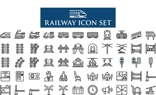 Railway transportation icon set with trains and tracks