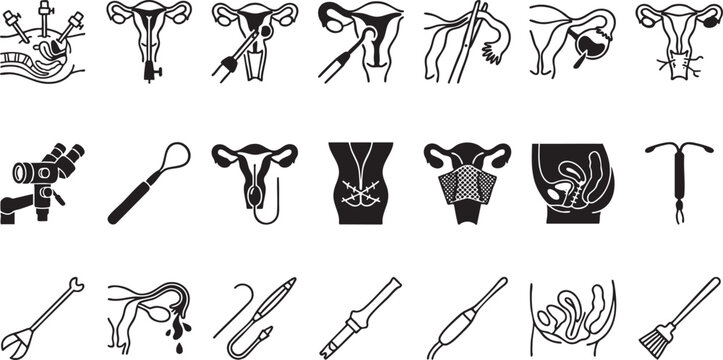 Gynecology and obstetrics medical surgical instruments set, reproduction system, uterus and fallopian tube procedures, icons for health