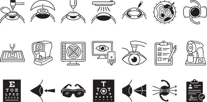 Ophthalmology and eye care procedures in silhouette style set on transparent background, symbolizing vision health and treatment