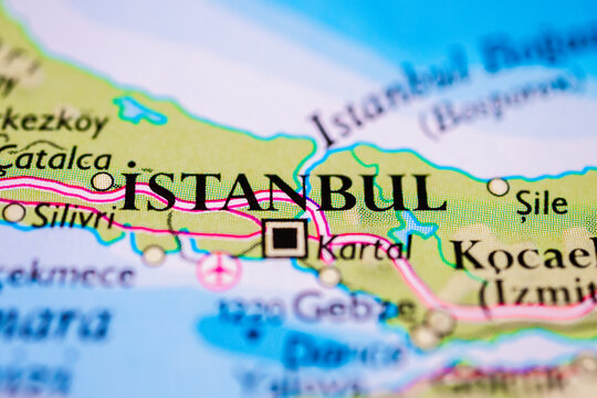 Macro map detail featuring Istanbul and surrounding Marmara region in Turkey for travel planning concept.