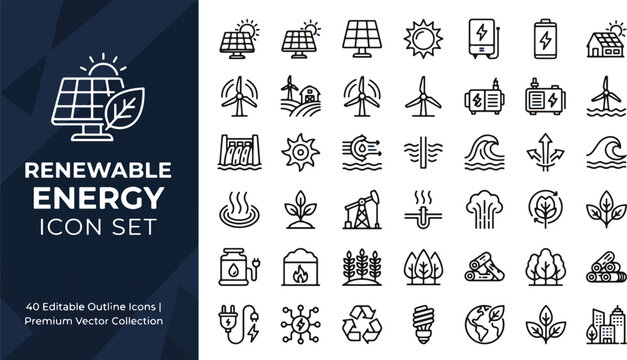 Renewable energy icons set with solar wind and hydro symbols