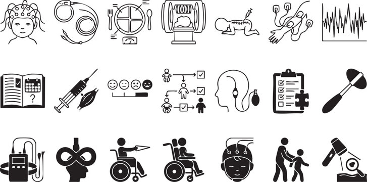 Neurology and physical therapy line icons set with brain scans medical tests equipment and rehabilitation symbols for healthcare design and clinical concepts