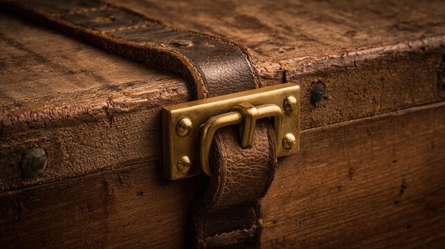 hasp. A heavy brass hasp fastened on the leather strap of an aged wooden crate. real-estate listings, architecture portfolios, designed for interior renovation comparisons for interiors.