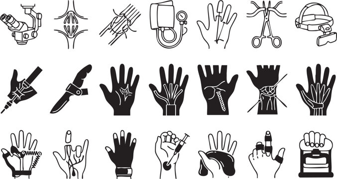 Orthopedic and hand surgery medical instruments set, bone fracture treatment, rehabilitation, skeleton, trauma, icons for healthcare