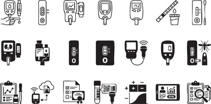 Blood glucose monitoring diabetes test icons vector set showing insulin pens lancets test strips digital meters patient logs and electronic health data reports