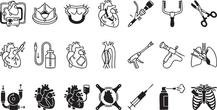 Cardiovascular medical vector icons, showing heart anatomy, surgical tools, and procedures like bypass surgery and cardiac diagnostics