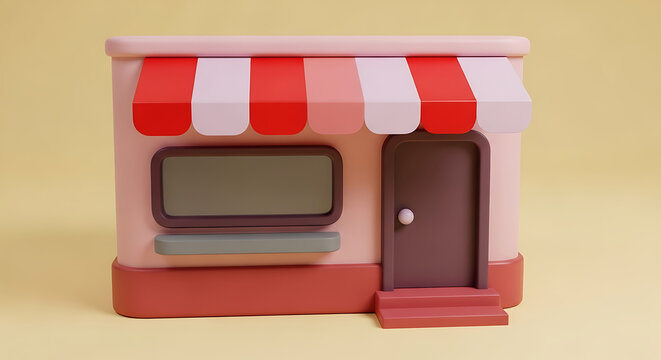 Miniature store or shop building with red striped awning and retail storefront design business commerce building architecture miniature boutique shopping commercial consumer purchasing