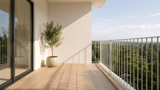 Jasny minimalistyczny balkon z rośliną i widokiem na zieleń