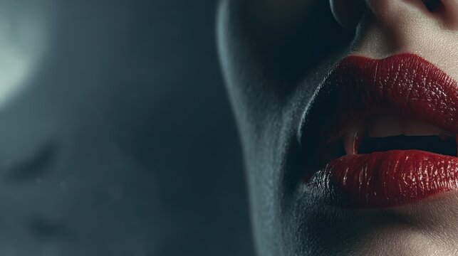 extreme close-up of a vampire`s mouth and jawline, blood red lips with fangs clearly visible, detailed skin texture, soft moon and bat silhouettes in background