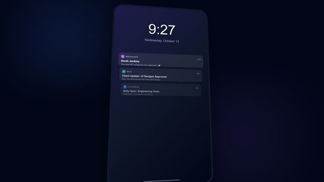 4K Cinematic Smartphone Lock Screen Animation, Glassmorphism UI Productivity Push Notifications, Dark Mode Business Workflow Concept