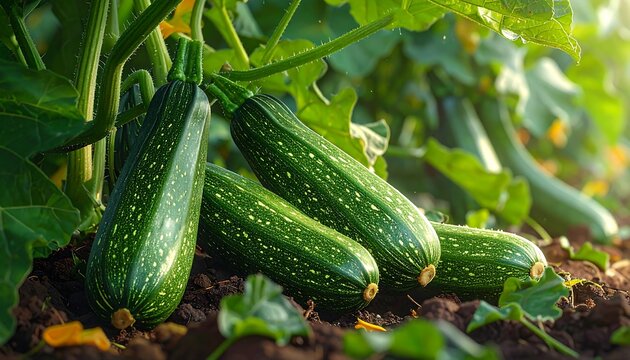 Fresh Green Zucchini Growing on Garden Soil Beneath Leafy Vines