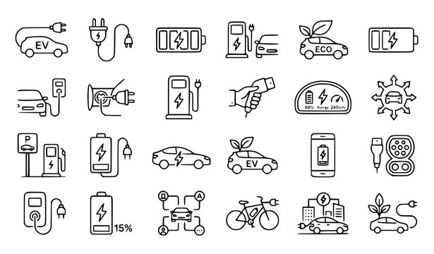Electric vehicle charging outline icon set editable stroke vector collection