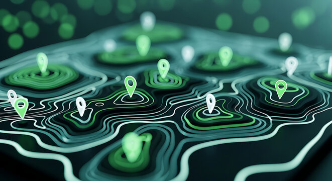 Topographic map visualization with multiple location pins for data analysis topographic visualization location navigation analysis geography landscape position abstract exploration tracking