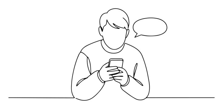 man using phone sketch of a thin one line in the style of a black vector on a white background