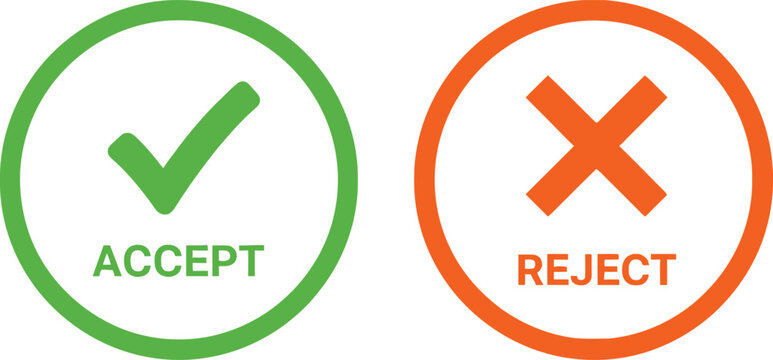 Green accept check mark and orange reject cross sign icons for business and feedback evaluation