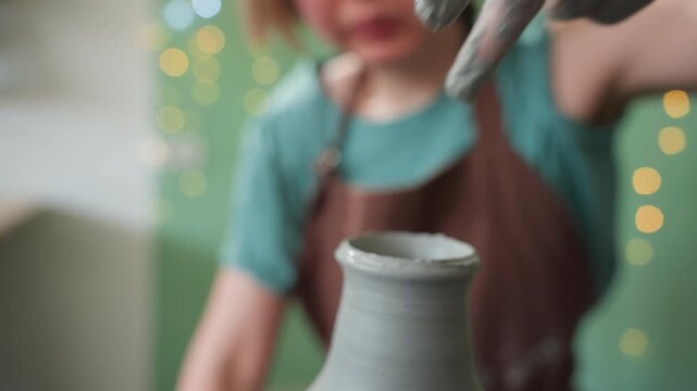 Hands molding ceramic vessel carefully. Fingers gently sculpting pottery with tactile precision. Detailed image capturing skilled hands shaping clay with focus and serene atmosphere