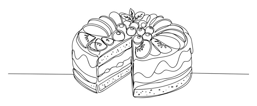 fruit cake slice with decorative topping clean line vector illustration