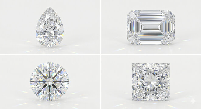 Diamond Cut Collection: A visual display of four distinct diamond cuts: pear-shaped, emerald, round brilliant, and princess cut, showcased in a grid format.