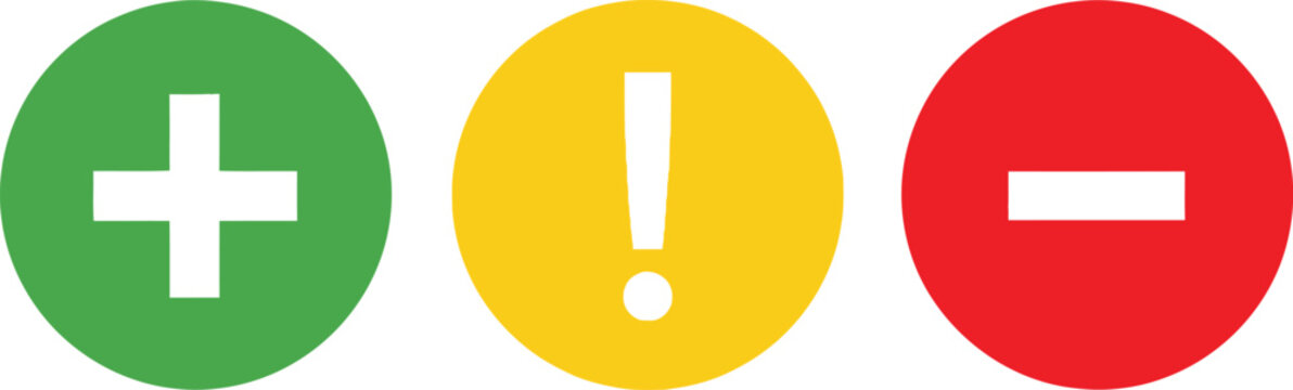Plus, exclamation, and minus icons in green, yellow, and red circles