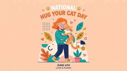 Fototapeta premium Happy girl holding ginger cat with plants and abstract shapes for national hug your cat day flat vector