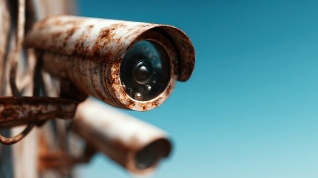 A close-up of an old and rusty surveillance camera against a clear blue sky, representing themes of observation, neglect, and the impact of technology in society.