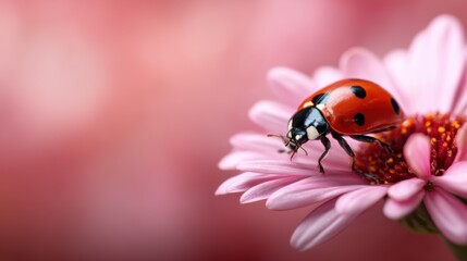 Fototapeta premium This close-up photograph showcases a ladybug perched on a vibrant pink flower, highlighting nature's beauty and the delicate interactions between insects and flora.