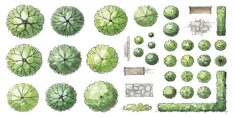 Top view set of architectural trees and landscaping elements for landscape design plans and site layouts © ZenVectors