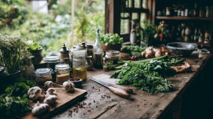 Obraz premium Fresh Herbs and Vegetables Arranged on Wooden Table in Rustic Kitchen Surrounded by Jars and Bottles Amidst Lush Greenery in Natural Light