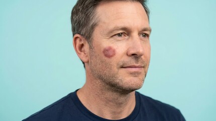 Fototapeta premium Man showing a red circular rash on his cheek demonstrating dermatological skin conditions for medical diagnostic purposes and educational health awareness against a soft plain blue background.