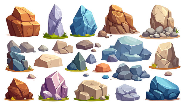 Collection of pixel art stones and rocks with varied textures and colors, grass elements, isolated on white