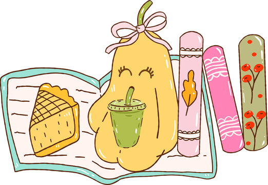 Cute Autumn Back to School Pumpkin Charachter with Books and Pie Matcha Tea Drinking Aesthetic Illustration