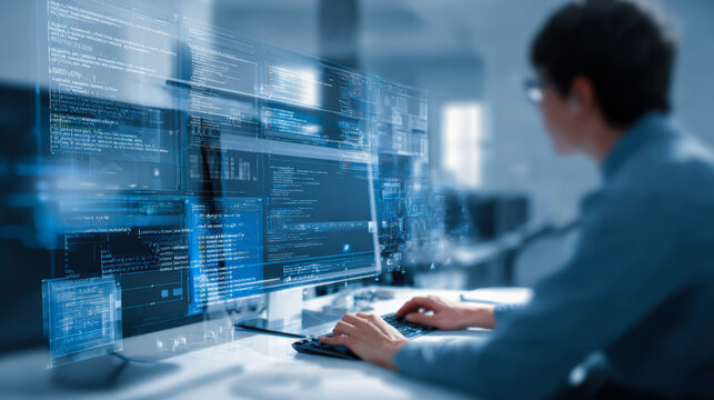 Person works on coding tasks in a modern office with multiple computer screens displaying code at night