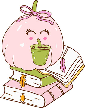 Cute Autumn Back to School Pumpkin Charachter with Matcha Latte and Books Illustration