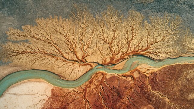 River delta landscape with tree branches and water flow in a natural scenery