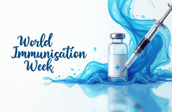 World Immunisation Week medical graphic. Syringe and vaccine vial stand with flowing blue liquid waves. Public health awareness campaign art.