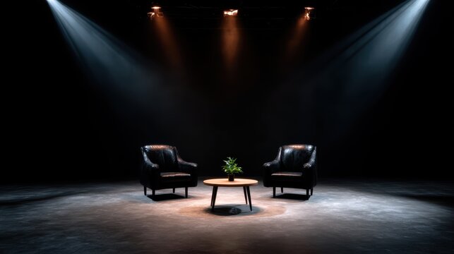A well-lit, contemporary interview setting featuring two elegant leather chairs facing a wooden table with a small plant, perfect for discussions or media presentations.